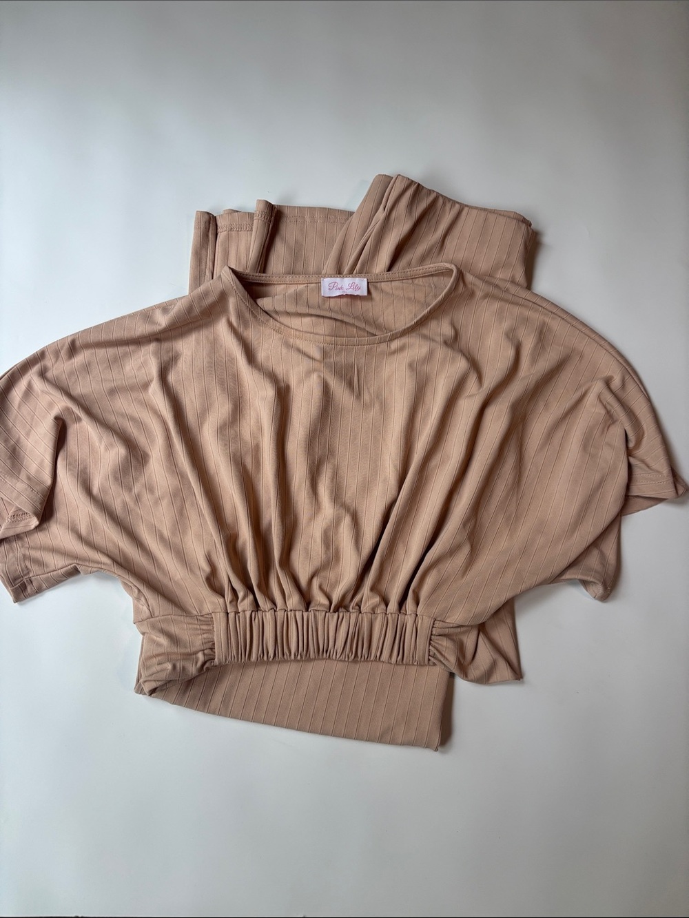 Pink Lily Taupe Ribbed Elastic-Waist Crop Top and skirt